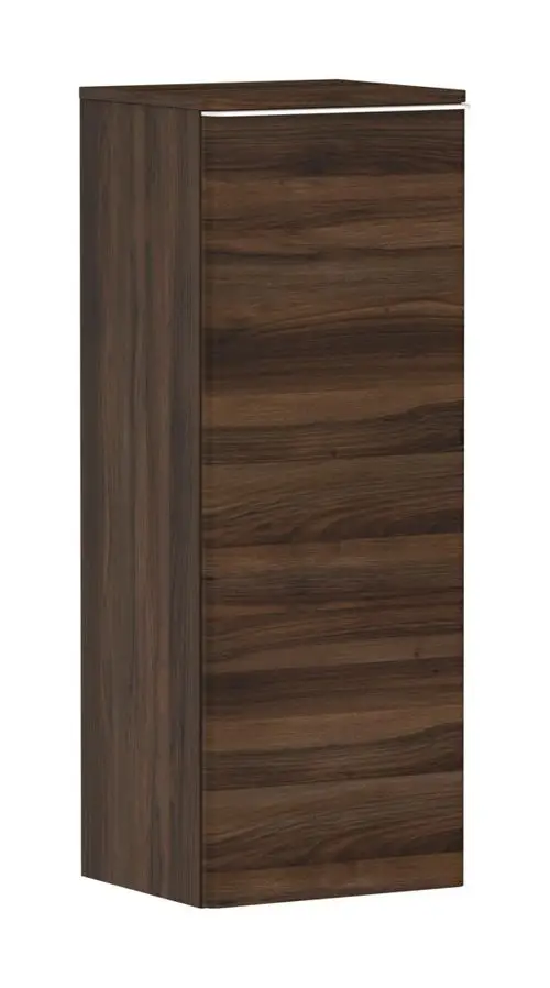 Heller, schmaler Hochschrank aus Holz mit dunkelbrauner Oberflächenstruktur, mit einem Türanschlag auf der linken Seite, gefertigt von Hansgrohe.